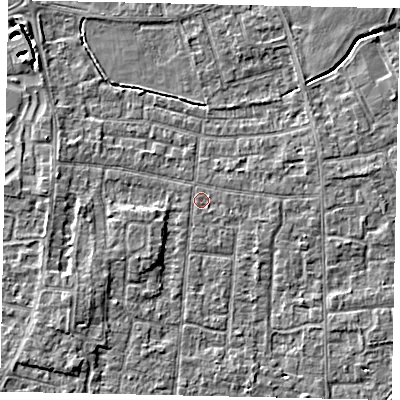 Shaded relief map of the ground around TW167PH, computed from Environment Agency LiDAR. The ground here sits at about 12 m above sea level and falls 4 m across the surrounding 800 m. Surface water reaching this point runs off ground lying to the west, 3.0 m higher.