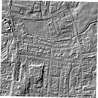 Shaded relief map of the ground around TW167PJ, computed from Environment Agency LiDAR. The ground here sits at about 12 m above sea level and falls 4 m across the surrounding 800 m. Surface water reaching this point runs off ground lying to the west-north-west, 2.7 m higher.