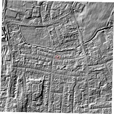Shaded relief map of the ground around TW167PL, computed from Environment Agency LiDAR. The ground here sits at about 12 m above sea level and falls 4 m across the surrounding 800 m. Surface water reaching this point runs off ground lying to the west-north-west, 2.7 m higher.