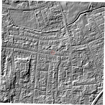 Shaded relief map of the ground around TW167PN, computed from Environment Agency LiDAR. The ground here sits at about 13 m above sea level and falls 3 m across the surrounding 800 m. Surface water reaching this point runs off ground lying to the east, 0.8 m higher.