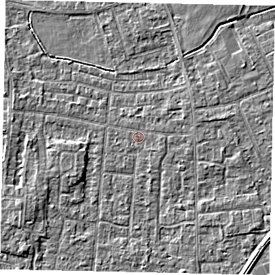 Shaded relief map of the ground around TW167PP, computed from Environment Agency LiDAR. The ground here sits at about 12 m above sea level and falls 3 m across the surrounding 800 m. Surface water reaching this point runs off ground lying to the east-north-east, 0.8 m higher.