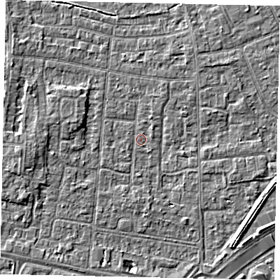 Shaded relief map of the ground around TW167PQ, computed from Environment Agency LiDAR. The ground here sits at about 12 m above sea level and falls 4 m across the surrounding 800 m. Surface water reaching this point runs off ground lying to the west, 3.6 m higher.