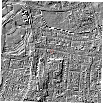 Shaded relief map of the ground around TW167PR, computed from Environment Agency LiDAR. The ground here sits at about 13 m above sea level and falls 4 m across the surrounding 800 m. Surface water reaching this point runs off ground lying to the south-south-west, 2.3 m higher.