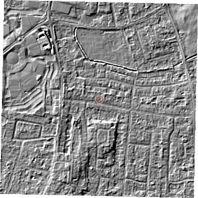 Shaded relief map of the ground around TW167PS, computed from Environment Agency LiDAR. The ground here sits at about 13 m above sea level and falls 4 m across the surrounding 800 m. Surface water reaching this point runs off ground lying to the west, 2.0 m higher.