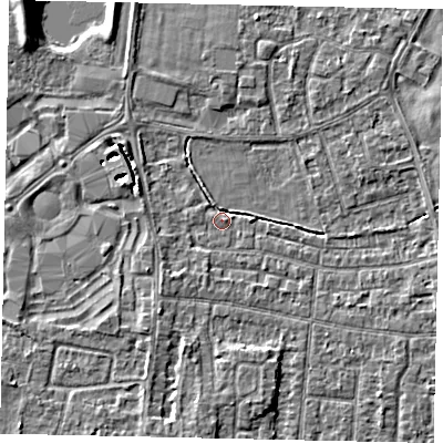 Shaded relief map of the ground around TW167PU, computed from Environment Agency LiDAR. The ground here sits at about 13 m above sea level and falls 6 m across the surrounding 800 m. Surface water reaching this point runs off ground lying to the west-north-west, 3.0 m higher.