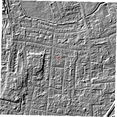 Shaded relief map of the ground around TW167PX, computed from Environment Agency LiDAR. The ground here sits at about 12 m above sea level and falls 4 m across the surrounding 800 m. The ground contributing surface water to this point lies to the north-north-west.