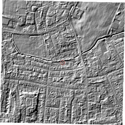 Shaded relief map of the ground around TW167PY, computed from Environment Agency LiDAR. The ground here sits at about 12 m above sea level and falls 3 m across the surrounding 800 m. Surface water reaching this point runs off ground lying to the west-south-west, 3.0 m higher.
