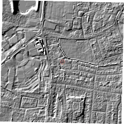 Shaded relief map of the ground around TW167PZ, computed from Environment Agency LiDAR. The ground here sits at about 13 m above sea level and falls 6 m across the surrounding 800 m. Surface water reaching this point runs off ground lying to the south-south-west, 1.9 m higher.
