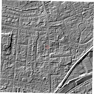 Shaded relief map of the ground around TW167QB, computed from Environment Agency LiDAR. The ground here sits at about 12 m above sea level and falls 3 m across the surrounding 800 m. Surface water reaching this point runs off ground lying to the north-north-east, 1.2 m higher.
