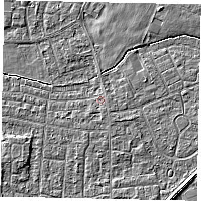 Shaded relief map of the ground around TW167QD, computed from Environment Agency LiDAR. The ground here sits at about 13 m above sea level and falls 3 m across the surrounding 800 m. Surface water reaching this point runs off ground lying to the south-south-east, 0.7 m higher.