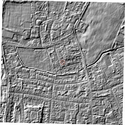 Shaded relief map of the ground around TW167QE, computed from Environment Agency LiDAR. The ground here sits at about 13 m above sea level and falls 3 m across the surrounding 800 m. Surface water reaching this point runs off ground lying to the north-north-east, 0.8 m higher.