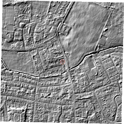 Shaded relief map of the ground around TW167QF, computed from Environment Agency LiDAR. The ground here sits at about 12 m above sea level and falls 3 m across the surrounding 800 m. Surface water reaching this point runs off ground lying to the south-west, 2.8 m higher.