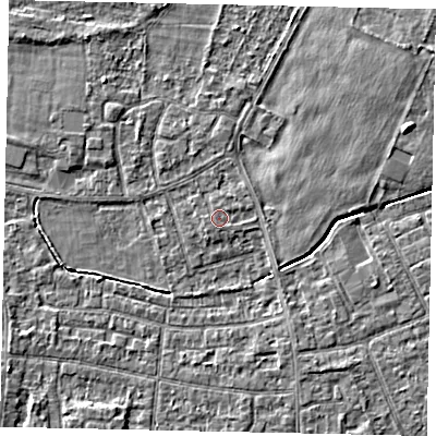 Shaded relief map of the ground around TW167QG, computed from Environment Agency LiDAR. The ground here sits at about 13 m above sea level and falls 3 m across the surrounding 800 m. The ground contributing surface water to this point lies to the north-east.
