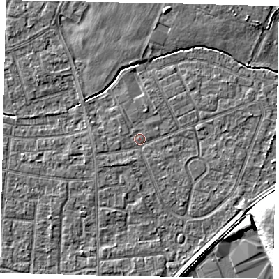 Shaded relief map of the ground around TW167QL, computed from Environment Agency LiDAR. The ground here sits at about 12 m above sea level and falls 9 m across the surrounding 800 m. Surface water reaching this point runs off ground lying to the south-south-west, 1.2 m higher.