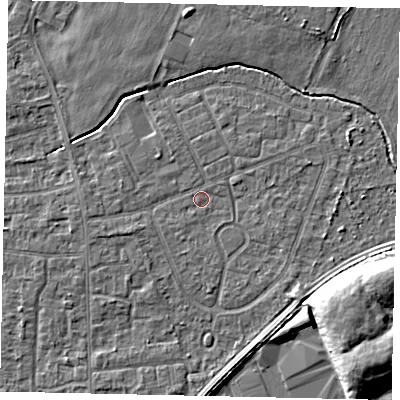 Shaded relief map of the ground around TW167QN, computed from Environment Agency LiDAR. The ground here sits at about 12 m above sea level and falls 9 m across the surrounding 800 m. Surface water reaching this point runs off ground lying to the west-south-west, 1.3 m higher.