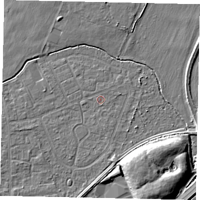Shaded relief map of the ground around TW167QP, computed from Environment Agency LiDAR. The ground here sits at about 12 m above sea level and falls 9 m across the surrounding 800 m. Surface water reaching this point runs off ground lying to the west-south-west, 1.3 m higher.