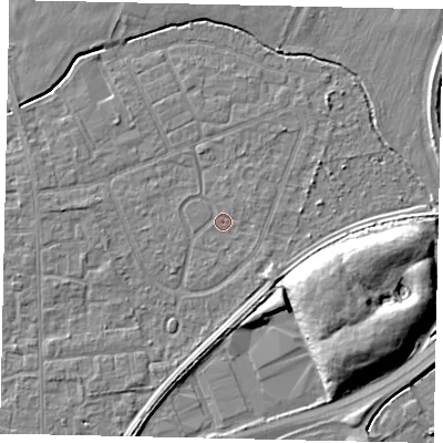 Shaded relief map of the ground around TW167QR, computed from Environment Agency LiDAR. The ground here sits at about 12 m above sea level and falls 9 m across the surrounding 800 m. Surface water reaching this point runs off ground lying to the east-north-east, 0.8 m higher.