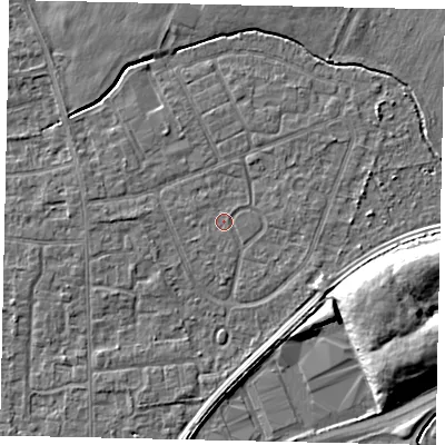 Shaded relief map of the ground around TW167QS, computed from Environment Agency LiDAR. The ground here sits at about 12 m above sea level and falls 9 m across the surrounding 800 m. Surface water reaching this point runs off ground lying to the east, 0.8 m higher.