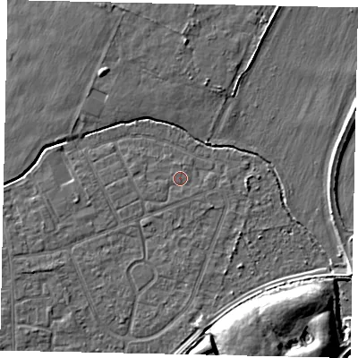 Shaded relief map of the ground around TW167QW, computed from Environment Agency LiDAR. The ground here sits at about 12 m above sea level and falls 9 m across the surrounding 800 m. Surface water reaching this point runs off ground lying to the south-south-east, 9.4 m higher.