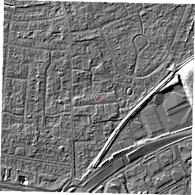 Shaded relief map of the ground around TW167QY, computed from Environment Agency LiDAR. The ground here sits at about 13 m above sea level and falls 10 m across the surrounding 800 m. Surface water reaching this point runs off ground lying to the west, 0.6 m higher.