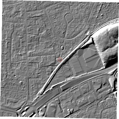Shaded relief map of the ground around TW167QZ, computed from Environment Agency LiDAR. The ground here sits at about 13 m above sea level and falls 11 m across the surrounding 800 m. Surface water reaching this point runs off ground lying to the north-east, 2.2 m higher.