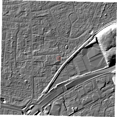Shaded relief map of the ground around TW167RA, computed from Environment Agency LiDAR. The ground here sits at about 13 m above sea level and falls 11 m across the surrounding 800 m. Surface water reaching this point runs off ground lying to the south-south-west, 1.7 m higher.
