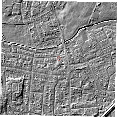 Shaded relief map of the ground around TW167RE, computed from Environment Agency LiDAR. The ground here sits at about 13 m above sea level and falls 3 m across the surrounding 800 m. Surface water reaching this point runs off ground lying to the east, 0.9 m higher.