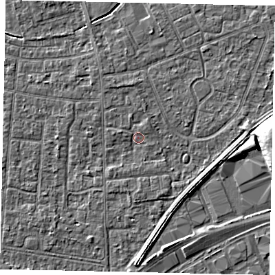 Shaded relief map of the ground around TW167RF, computed from Environment Agency LiDAR. The ground here sits at about 12 m above sea level and falls 9 m across the surrounding 800 m. Surface water reaching this point runs off ground lying to the east, 2.5 m higher.