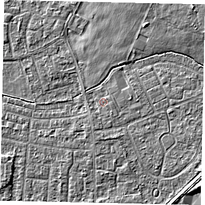 Shaded relief map of the ground around TW167RH, computed from Environment Agency LiDAR. The ground here sits at about 12 m above sea level and falls 5 m across the surrounding 800 m. Surface water reaching this point runs off ground lying to the south-east, 0.8 m higher.