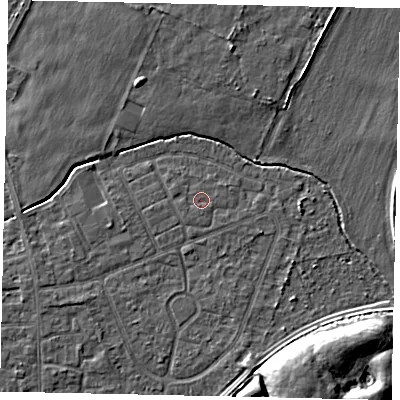 Shaded relief map of the ground around TW167RL, computed from Environment Agency LiDAR. The ground here sits at about 12 m above sea level and falls 9 m across the surrounding 800 m. Surface water reaching this point runs off ground lying to the west-south-west, 0.6 m higher.