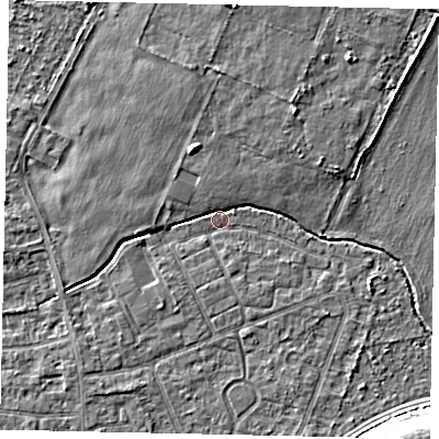 Shaded relief map of the ground around TW167RN, computed from Environment Agency LiDAR. The ground here sits at about 12 m above sea level and falls 8 m across the surrounding 800 m. Surface water reaching this point runs off ground lying to the north-north-west, 3.2 m higher.