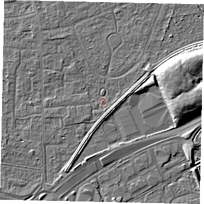 Shaded relief map of the ground around TW167RP, computed from Environment Agency LiDAR. The ground here sits at about 12 m above sea level and falls 11 m across the surrounding 800 m. Surface water reaching this point runs off ground lying to the east-north-east, 2.4 m higher.