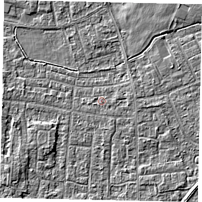 Shaded relief map of the ground around TW167RQ, computed from Environment Agency LiDAR. The ground here sits at about 13 m above sea level and falls 3 m across the surrounding 800 m. Surface water reaching this point runs off ground lying to the west-south-west, 0.7 m higher.