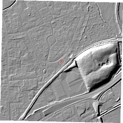 Shaded relief map of the ground around TW167RR, computed from Environment Agency LiDAR. The ground here sits at about 12 m above sea level and falls 9 m across the surrounding 800 m. Surface water reaching this point runs off ground lying to the east-north-east, 2.0 m higher.