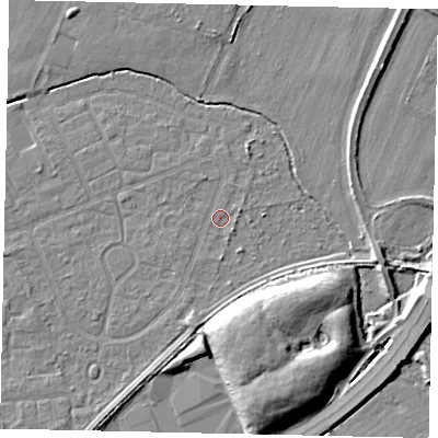 Shaded relief map of the ground around TW167RS, computed from Environment Agency LiDAR. The ground here sits at about 12 m above sea level and falls 10 m across the surrounding 800 m. Surface water reaching this point runs off ground lying to the south-west, 1.0 m higher.