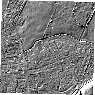Shaded relief map of the ground around TW167RT, computed from Environment Agency LiDAR. The ground here sits at about 12 m above sea level and falls 9 m across the surrounding 800 m. Surface water reaching this point runs off ground lying to the south, 0.8 m higher.