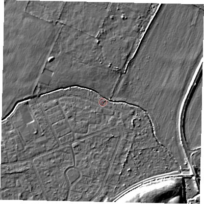 Shaded relief map of the ground around TW167RU, computed from Environment Agency LiDAR. The ground here sits at about 12 m above sea level and falls 9 m across the surrounding 800 m. Surface water reaching this point runs off ground lying to the south-south-east, 9.0 m higher.