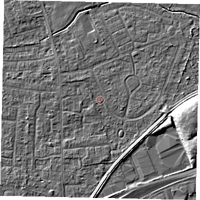 Shaded relief map of the ground around TW167RW, computed from Environment Agency LiDAR. The ground here sits at about 12 m above sea level and falls 9 m across the surrounding 800 m. The ground contributing surface water to this point lies to the west.