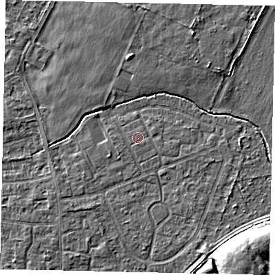 Shaded relief map of the ground around TW167RX, computed from Environment Agency LiDAR. The ground here sits at about 12 m above sea level and falls 9 m across the surrounding 800 m. Surface water reaching this point runs off ground lying to the south, 0.5 m higher.