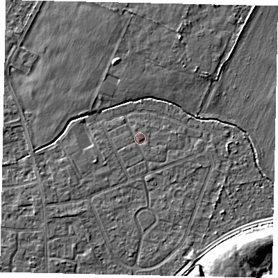 Shaded relief map of the ground around TW167RY, computed from Environment Agency LiDAR. The ground here sits at about 13 m above sea level and falls 9 m across the surrounding 800 m. Surface water reaching this point runs off ground lying to the south-west, 0.7 m higher.