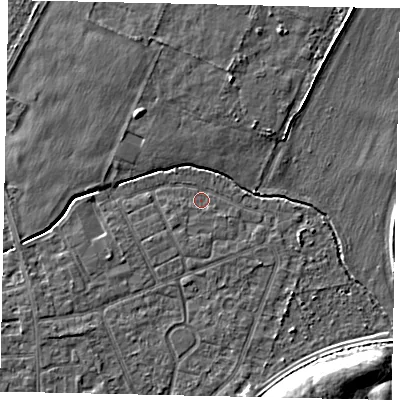 Shaded relief map of the ground around TW167RZ, computed from Environment Agency LiDAR. The ground here sits at about 12 m above sea level and falls 9 m across the surrounding 800 m. Surface water reaching this point runs off ground lying to the north-west, 3.2 m higher.