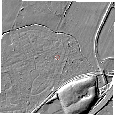 Shaded relief map of the ground around TW167SB, computed from Environment Agency LiDAR. The ground here sits at about 12 m above sea level and falls 9 m across the surrounding 800 m. Surface water reaching this point runs off ground lying to the south-south-east, 1.2 m higher.