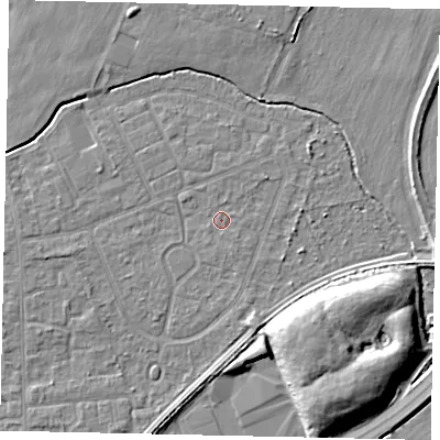 Shaded relief map of the ground around TW167SD, computed from Environment Agency LiDAR. The ground here sits at about 12 m above sea level and falls 9 m across the surrounding 800 m. Surface water reaching this point runs off ground lying to the south-south-east, 0.6 m higher.