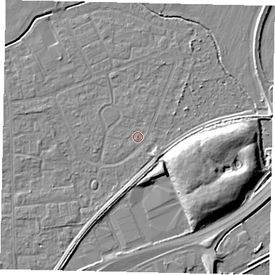 Shaded relief map of the ground around TW167SE, computed from Environment Agency LiDAR. The ground here sits at about 13 m above sea level and falls 9 m across the surrounding 800 m. Surface water reaching this point runs off ground lying to the west-south-west, 0.5 m higher.