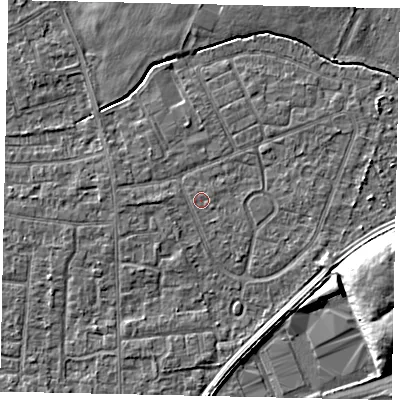Shaded relief map of the ground around TW167SF, computed from Environment Agency LiDAR. The ground here sits at about 12 m above sea level and falls 9 m across the surrounding 800 m. The ground contributing surface water to this point lies to the east-south-east.