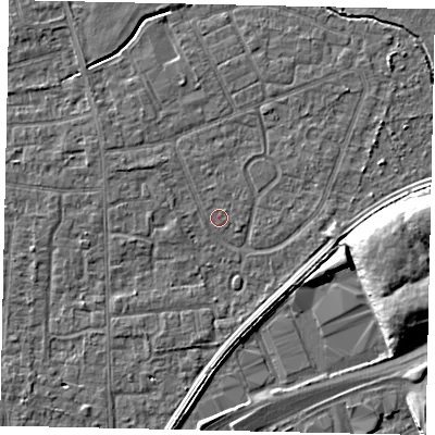Shaded relief map of the ground around TW167SG, computed from Environment Agency LiDAR. The ground here sits at about 12 m above sea level and falls 9 m across the surrounding 800 m. Surface water reaching this point runs off ground lying to the west-north-west, 1.0 m higher.