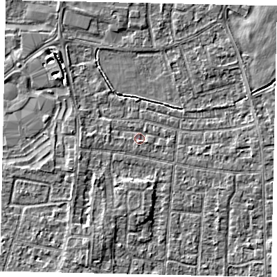 Shaded relief map of the ground around TW167SH, computed from Environment Agency LiDAR. The ground here sits at about 12 m above sea level and falls 4 m across the surrounding 800 m. Surface water reaching this point runs off ground lying to the west-north-west, 1.0 m higher.