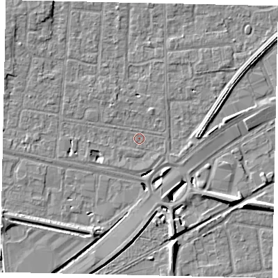 Shaded relief map of the ground around TW167SP, computed from Environment Agency LiDAR. The ground here sits at about 12 m above sea level and falls 8 m across the surrounding 800 m. Surface water reaching this point runs off ground lying to the south-south-east, 6.3 m higher.
