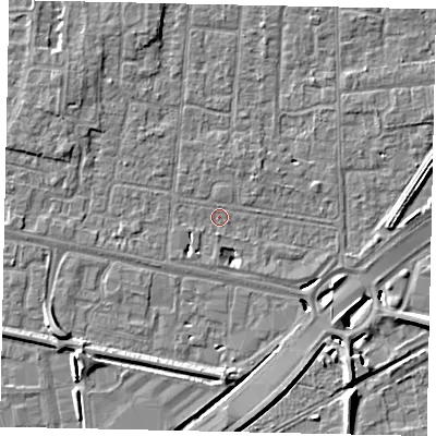 Shaded relief map of the ground around TW167SR, computed from Environment Agency LiDAR. The ground here sits at about 12 m above sea level and falls 8 m across the surrounding 800 m. Surface water reaching this point runs off ground lying to the south-west, 6.9 m higher.