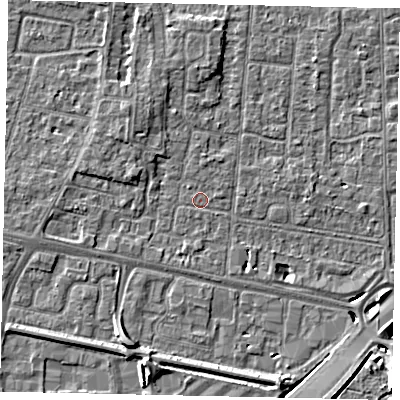 Shaded relief map of the ground around TW167SX, computed from Environment Agency LiDAR. The ground here sits at about 12 m above sea level and falls 7 m across the surrounding 800 m. Surface water reaching this point runs off ground lying to the north-west, 2.6 m higher.